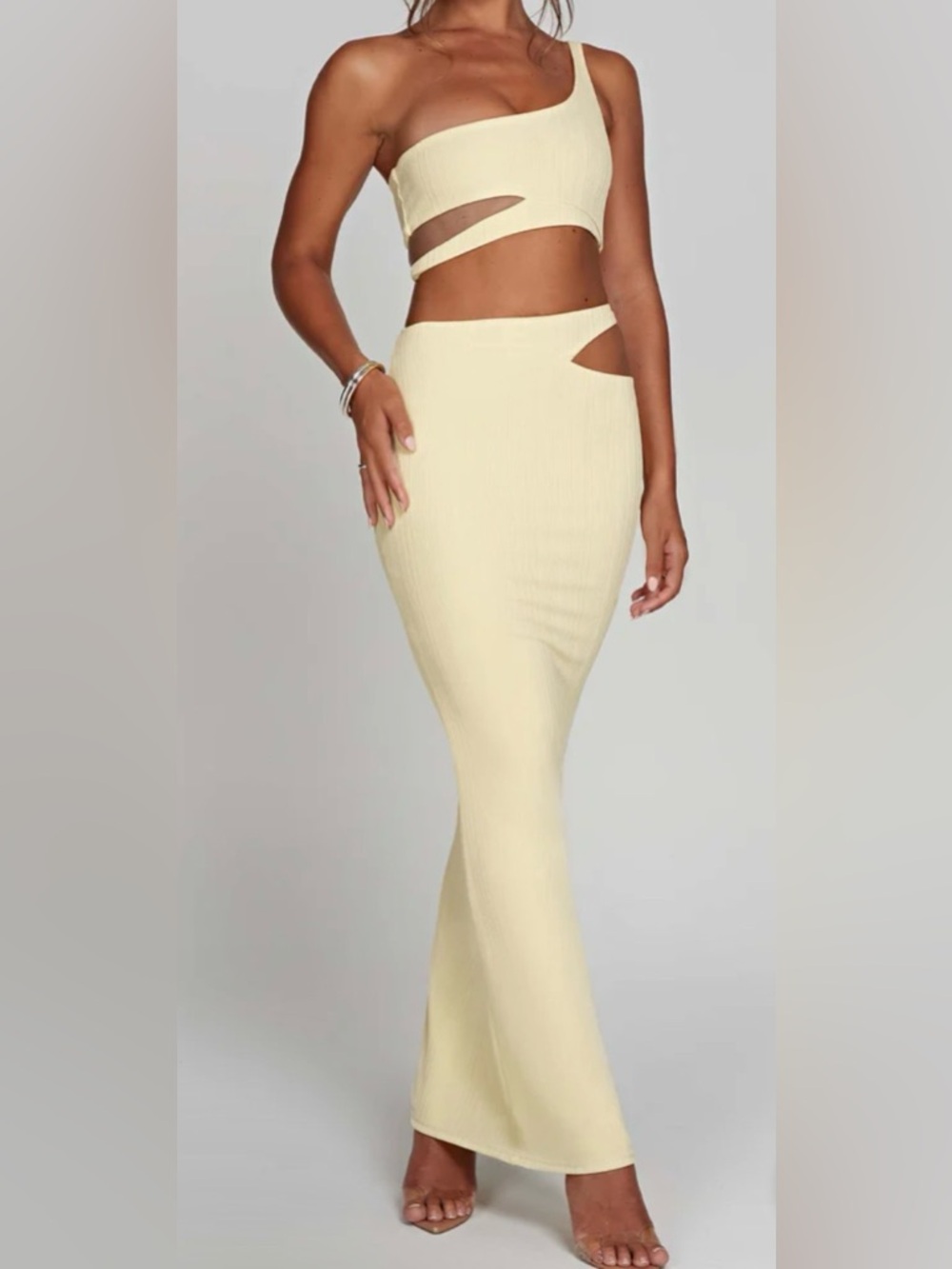 Women's One-Shoulder Cutout Two-Piece in Lemon Yellow - Picture 2 of 4